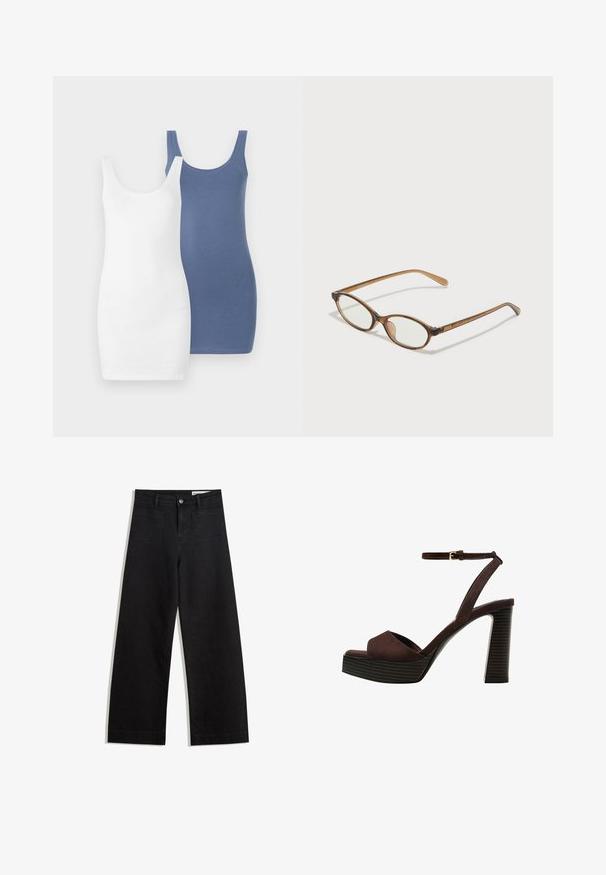 Dvoje tank povlečení, jedny bílé a jedny modré, vyrobené z měkké, elastické tkaniny s kulatým výstřihem a přiléhavým střihem.; Černé denimové kalhoty s volným střihem a vysokým pasem, vybavené předními a zadními kapsami, prošívanými švy a knoflíkovým zapínáním. Hladká textura.; Hnědé semišové sandály na vysokém podpatku s otevřenou špičkou, nastavitelným páskem kolem kotníku a proužkovou platformou.; Hnědé želvovinové brýle s oválnými skly, tenkými bočními nohami a průhlednými akcenty. Obsahují decentní logo na stranu. Elegantní, lehký design.