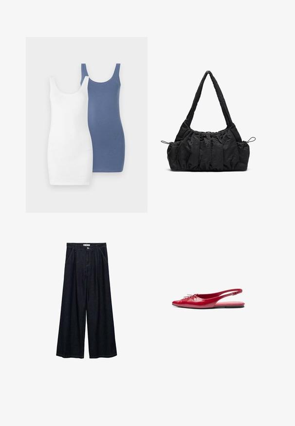 Două rochii tip tank, una albă și una albastră, realizate dintr-un material moale și elastic, cu decolteu rotund și formă ajustată.; Pantaloni largi din denim închis, cu talie înaltă, având un închidere cu nasture frontal, două buzunare laterale și detalii de cusătură.; Sandalete plata roșii din piele cu vârf ascuțit și un detaliu decorativ de șireturi în față, având o curea subțire pentru gleznă și talpă plată.; Geantă de mână din țesătură neagră cu textură pliată, două curele de umăr și închidere cu șnur pe laterale. Material neted și ușor.