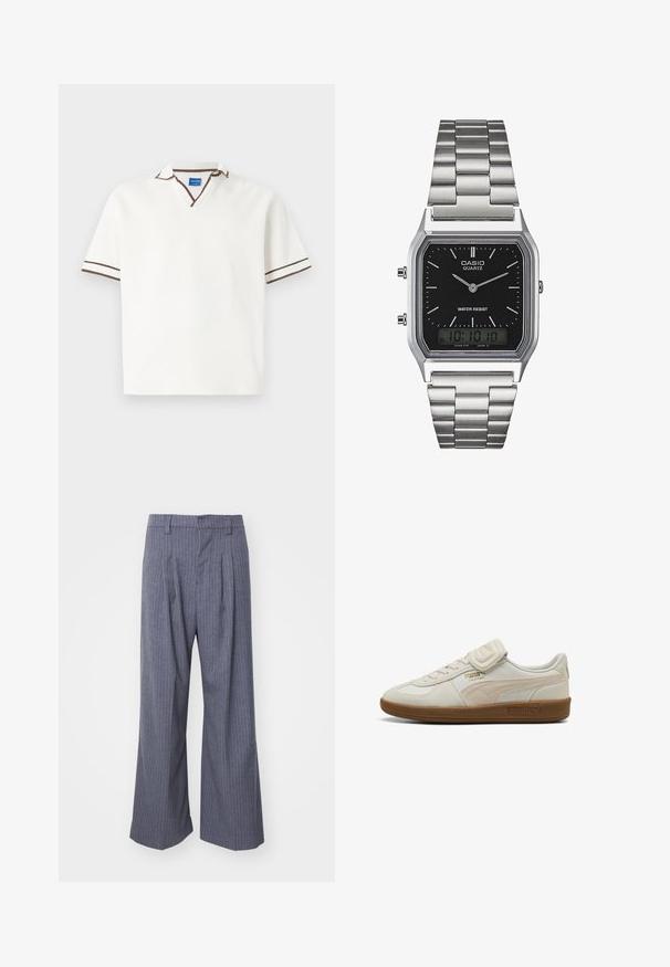 Witte poloshirt met korte mouwen en V-hals, voorzien van bruine accentstrepen op de kraag en mouwen. Gemaakt van een zachte, gestructureerde stof.; Grijze gestreepte broek met een wijde pijpdesign, voorzien van plooien aan de voorkant en een gladde textuur. Geen zichtbare hardware of accenten.; Witte leren sneaker met textuuraccenten, rubberen zool en gouden logo-detail. Beschikt over veters en een klittenbandsluiting.; Zilveren roestvrijstalen quartzhorloge met een zwart rechthoekig uurwerk, voorzien van analoge wijzers, digitale weergave en het label voor waterbestendigheid.
