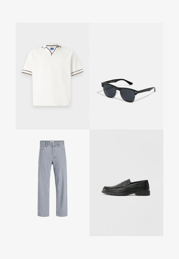 Balts īsām piedurknēm polo krekls ar V-veida kakla izgriezumu, uz kura redzami brūni akcentu svītriņas apkaklē un piedurknēs. Izgatavots no mīksta, strukturēta materiāla.; Gai zils džinsu audums ar brīvu piegriezumu, taisnu kāju dizainu, redzamām šuvēm, divām priekšējām kabatām un pogu aizdari.; Melnas ādas loafers ar gludu apdari, mokasīnu stila augšdaļu, šūtu detalizāciju un gumijas zoli. Klasisks dizains ar zemu papēdi.; Melnas saulesbrilles ar taisnstūra formu, tumšiem stenģiem, sudraba akcentiem pie tempļiem un matētu apdari uz rāmja.