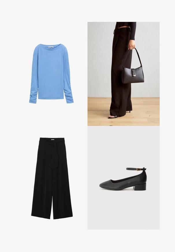 Hosszú ujjú, világoskék ing, puha anyagból készült. Széles nyakkivágással és ráncolt részletekkel rendelkezik az ujjakon, laza szabást kínál.; Fekete, bő szárú nadrág, texturált anyagból, rugalmas derékpánttal és levehető sállal a derekán, amely állítható illeszkedést biztosít.; Fekete bőr magassarkú cipő hegyes orral és alacsony tömb sarkal. Bokapánttal rendelkezik, aranyszínű csattal. Simább textúra.; Fekete kézi táska strukturált formával, sima textúrával és fémből készült záródással. Széles fekete nadrággal és nyitott orrú szandállal párosítva, fából készült padlón.