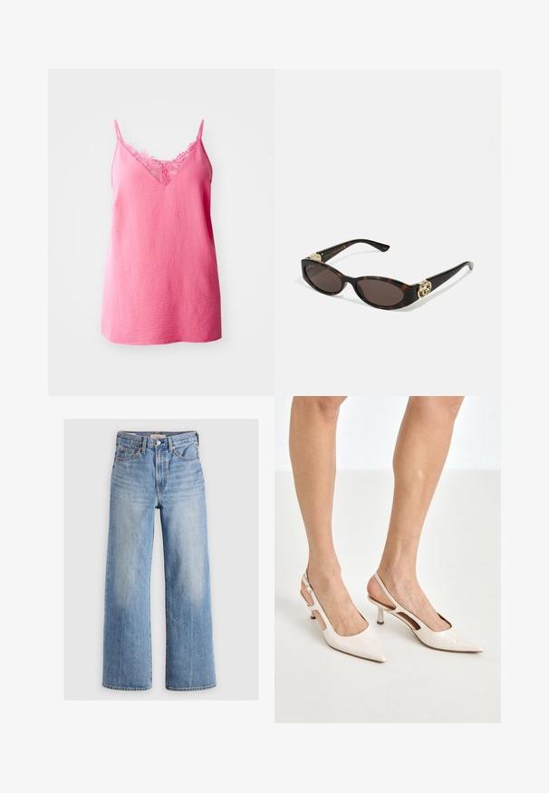 Pink sleeveless top with a V-neckline, featuring lace trim at the neckline, made of textured fabric with a relaxed fit.; Light blue denim wide-leg jeans with a high waist, faded areas, five pockets, and contrast stitching. Classic button and zipper closure.; Beige patent leather slingback heels with a pointed toe and 5 cm heel, featuring cut-out sides and a thin ankle strap.; Tortoiseshell sunglasses with elongated oval lenses, brown tint, gold logo accents on temples, and sleek black arms.; Curved cream leather handbag with a single strap, gold hardware, and subtle branding at the bottom. Zipper closure along the top edge.