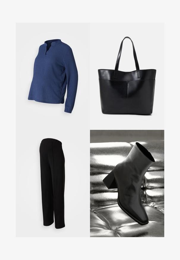 Mėlynas, ilgomis rankovėmis marškinėliai su henley iškirpte, pagaminti iš tekstūruoto audinio. Turi laisvą siluetą ir šoninius plyšius, kad būtų patogu ir lengva judėti.; Juodos, aukštu juosmeniu kelnės su tiesiu fasonu, turinčios lygų paviršių ir be matomų užsegimų, akcentuotos šoninių siūlių detalėmis.; Juodos kulkšnies botai, pagaminti iš blizgaus medžiagos, su kvadratine padu ir siauru kulnu, prieš blizgiai sidabrinį pūsto audinio foną.; Juoda odinė rankinė su dviem ilgais diržais, lygiu paviršiumi ir struktūrizuota forma. Yra priekinė kišenė papildomam saugojimui.; Sidabrinės auskarai žiedai su lygiu, blizgiu paviršiumi. Suapvalinta forma, lengvas dizainas, su uždarymu ant smeigtuko.