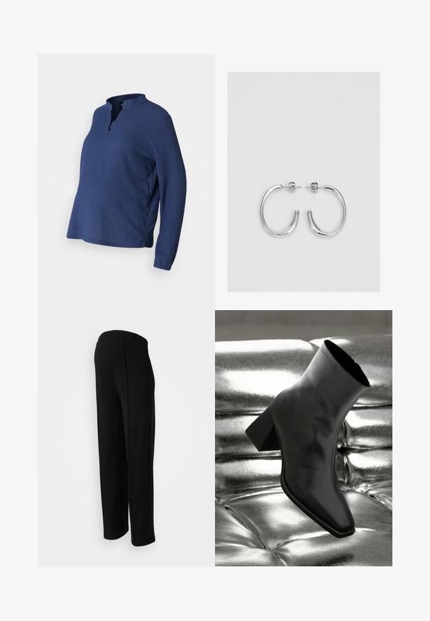 Mėlynas, ilgomis rankovėmis marškinėliai su henley iškirpte, pagaminti iš tekstūruoto audinio. Turi laisvą siluetą ir šoninius plyšius, kad būtų patogu ir lengva judėti.; Juodos, aukštu juosmeniu kelnės su tiesiu fasonu, turinčios lygų paviršių ir be matomų užsegimų, akcentuotos šoninių siūlių detalėmis.; Juodos kulkšnies botai, pagaminti iš blizgaus medžiagos, su kvadratine padu ir siauru kulnu, prieš blizgiai sidabrinį pūsto audinio foną.; Sidabrinės auskarai žiedai su lygiu, blizgiu paviršiumi. Suapvalinta forma, lengvas dizainas, su uždarymu ant smeigtuko.