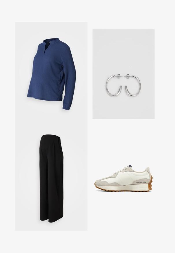 Plava košulja dugih rukava s henley izrezom, izrađena od teksturiranog materijala. Ima širok kroj i bočne proreze za udobnost i lakoću pokreta.; Vero Moda Maternity VMMBECKY SUPER WIDE PANTS - Hlače - black; Bijele i bež tenisice s glatkom kožnom gornjom površinom, suedenim akcentima, zaobljenim vrhom i teksturiranim gumiranim potplatom. Ime branda otisnuto je sa strane.; Srebro naušnice u obliku prstena s glatkom, sjajnom završnom obradom. Zaobljenog oblika, laganog dizajna, s kopčom na poleđini.
