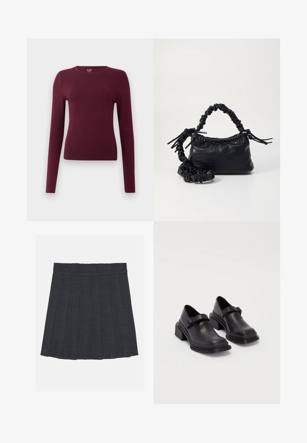 Langärmliges, burgunderfarbenes, figurbetontes Rundhals-Shirt mit schlichtem Design und ohne sichtbare Muster oder Logos, präsentiert vor einem schlichten weißen Hintergrund.; Dunkelgrauer, plissierter Rock mit elastischem Bund, aus einem strukturierten Stoff und in klassischer A-Linie. Geeignet für die Freizeit.; Schwarze Lederhalbschuhe mit runder Zehenpartie, flacher Sohle und einem Riemen mit Schnallen-Detail. Robuster Blockabsatz für zusätzliche Stabilität.; Schwarze Handtasche aus Kunstleder mit Krokodilstruktur, gerafftem oberen Teil und einem geschoppten Tragegurt. Sie wirkt weich und kompakt im Design.