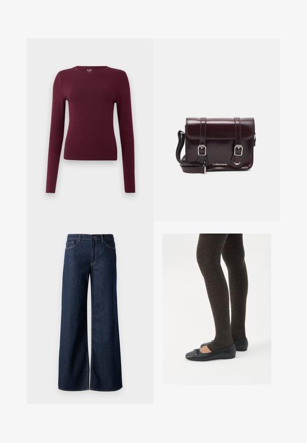 Hosszú ujjú, bordó, karcsúsított, kerek nyakú póló egyszerű dizájnnal, látható minták vagy logók nélkül, sima fehér háttéren bemutatva.; Sötét kék farmer széles lábú nadrág. Kontrasztos varrással, öt zsebhálóval és gombos derékzárással rendelkezik. Simás textúra.; Fekete lapos cipők kis masni díszítéssel az orrán, sötétbarna bordázott harisnyával párosítva. A cipők sima textúrával és alacsony profilúak.; Burgundy lakkbőr keresztpántos táska téglalap alakú, két pánttal, ezüst színű szerelvényekkel és fedélzárral.