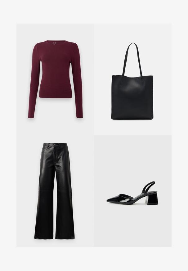 Dugih rukava, bordo prilagođena majica s okruglim izrezom, jednostavnog dizajna bez vidljivih uzoraka ili logotipa, prikazana na čistoj bijeloj pozadini.; Crne visoke široke hlače od umjetne kože s prednjim gumbom, zatvaranjem na zip, petljama za pojas i bočnim džepovima na bijeloj pozadini.; Crne lakirane kožne sandale s otvorenom petom i špicastim vrhom, s geometrijskom blok petom. Imaju elegantan, minimalistički dizajn i glatku teksturu.; Crna kožna torba za nošenje s glatkom teksturom, pravokutnim oblikom i dvije duge ručke. Nema vidljivih metalnih dijelova ili ukrasa.
