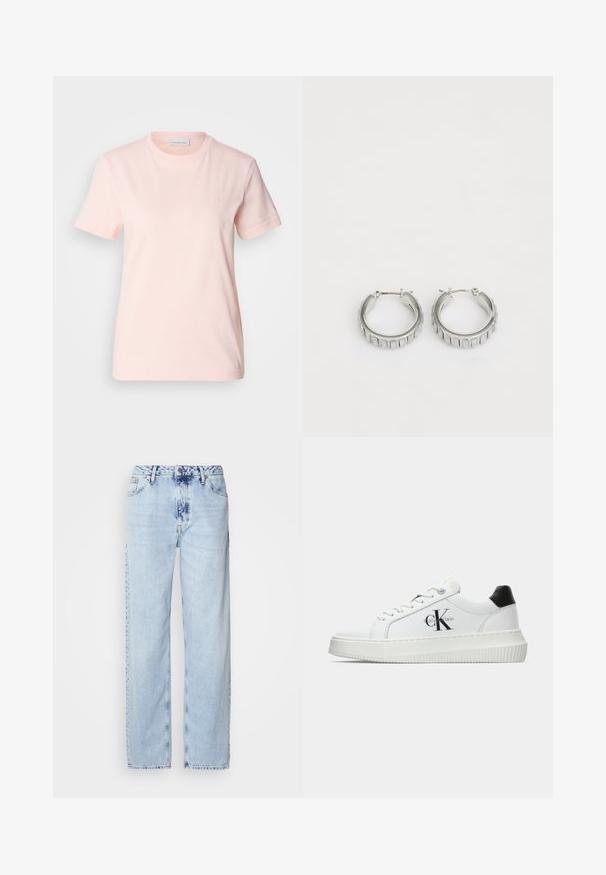 Világos rózsaszín pamut póló kerek nyakkivágással. Rövid ujjú, és a mellrészen egy apró "ck" logó van hímzve. Sima textúrája van.; Egy világos kék, bő szárú farmernadrág, magas derekú, elhalványult mosással és finom batikolt mintával az elején.; Fehér alacsony szárú edzőcipő fekete saroktabbal, platform talppal, fűzőkkel és Calvin Klein "CK" logóval az oldalán.; Ezüst fülbevalók, texturált mintával, függőleges barázdákkal. Kerek forma, biztos záródással. Sima felület.