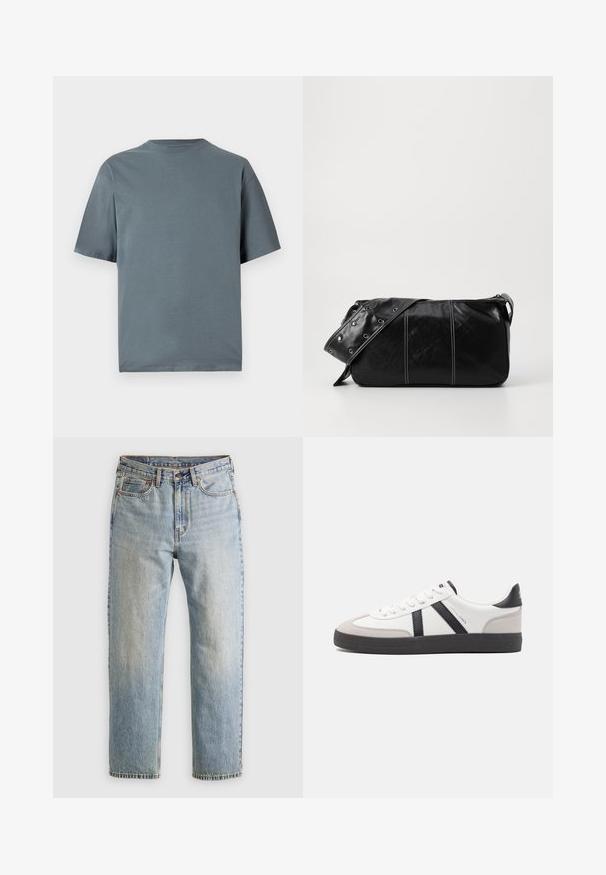 Lühikeste varrukatega t-särk luitunud halli värvi, valmistatud siledast puuvillakangast, millel on ümmargune kaelus ja lõdvestunud istuvus.; Heledad hele sinine teksapükste kõrge vöökoht, ees nupuga, lukuga ja viie taskuga disain, asetatud tasasele neutraalsele taustale.; Valged tossud mustade ja hallide aktsentidega, tekstureeritud halli varbakattega, musta kummitald ja lamedad valged paelad. Puhtad jooned, minimalistlik stiil.; Must mustra nahkainine õlakott, millel on tõmblukk, tekstureeritud pind, valged õmblused ja rihm hõbedaste rõngastega.