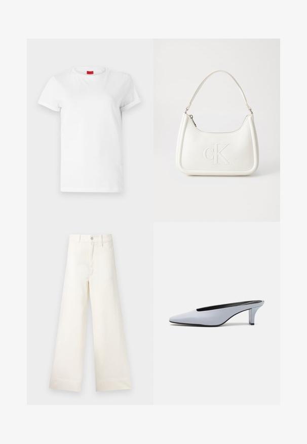 Hvit kortermet t-skjorte laget av lett bomull. Har rund hals og rullede ermer. Rød logo-lapp på kragen.; Vide bukser i lys beige bomull. Har høy midje, frontlommer og rett passform. Renslig søm uten mønstre.; Lys blå patentlær mule med spiss tå, lav gjennomsiktig hæl og en elegant design med utskjæring på vampen.; Hvit lærveske med en buet fasong, med et preget "CK"-logo på forsiden og en enkel skulderstropp. Glidelåslukking på toppen.