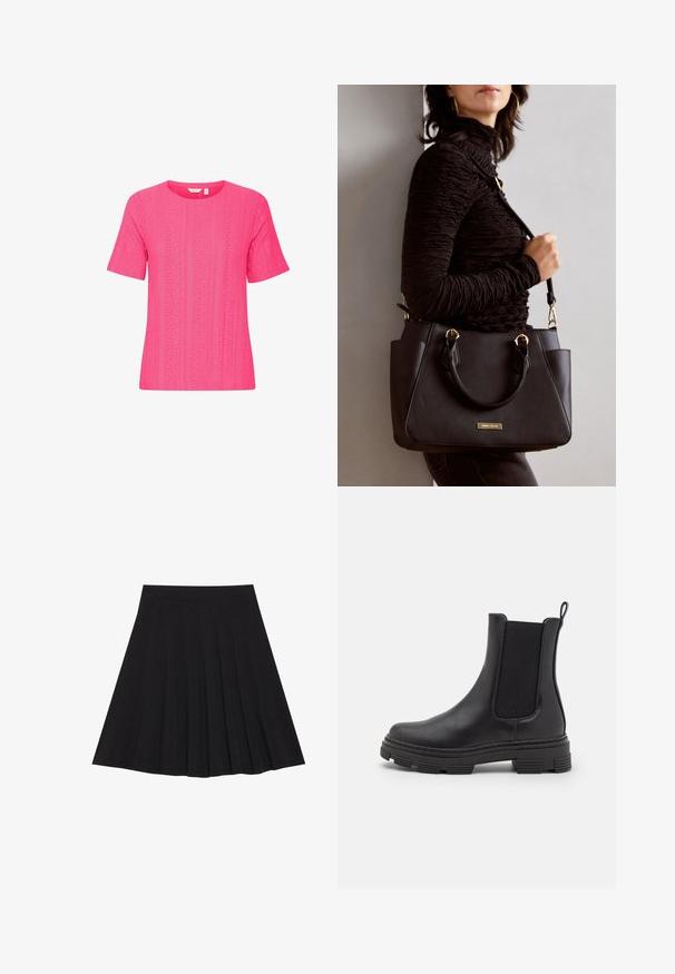 Korte mouwen, ronde hals roze top gemaakt van textuurstof met een patroon van verticale strepen en opengewerkte details.; Zwarte plisseerok van een gestructureerde stof met een aansluitende tailleband. Valt tot op de knie en heeft een gladde, strakke silhouette.; Zwarte leren enkellaars met elastische zijpanelen, ronde neus en een gestructureerde rubberen zool. Voorzien van een lus aan de achterkant voor gemakkelijk aan- en uittrekken.; Zwarte handtas met gestructureerd oppervlak, dubbele bovenhandvatten en verstelbare schouderriem. Voorzien van goudkleurige hardware en zijzakken.