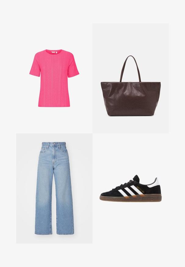 Roka piedurkņu, apaļā kakla rozā tops, izgatavots no teksturēta auduma ar vertikālu svītru rakstu un acs detaļām.; Gaiši zili augstās jostas vidukļa platās bikses ar priekšējo pogu un rāvējslēdzēju, priekšējām un aizmugurējām kabatām uz baltā fona.; Melnas Adidas sporta kurpes ar baltām svītrām, zelta "Spezial" uzrakstu, gumijas zoli un baltu papēža daļu, attēlotas profila skatījumā.; Brūna austs ādas rokassoma ar divām rokturiem, strukturētu formu un teksturētu virsmu, ar diagonālu rakstu visā virsmā.