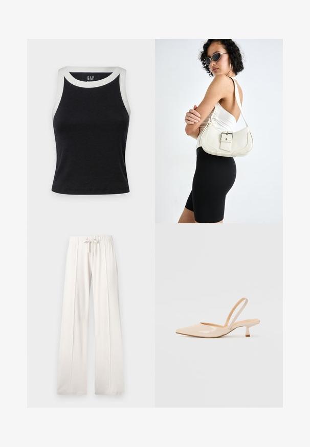 GAP MOD RIB HALTER CROP - Top - black/white; Lys beige sweatkorts lavet af blødt stof, med snoretræk i taljen, brede ben og lodrette sømme, samt en glat tekstur.; Beige patenteret læder slingback høje med spids tå og en slank, firkantet hæl. Glat tekstur og minimalistisk design uden udsmykninger.; Hvid læder håndtaske med en buet form, justerbar skulderrem og en lille spænde detalje. Modellen bærer et tætsiddende sort outfit.