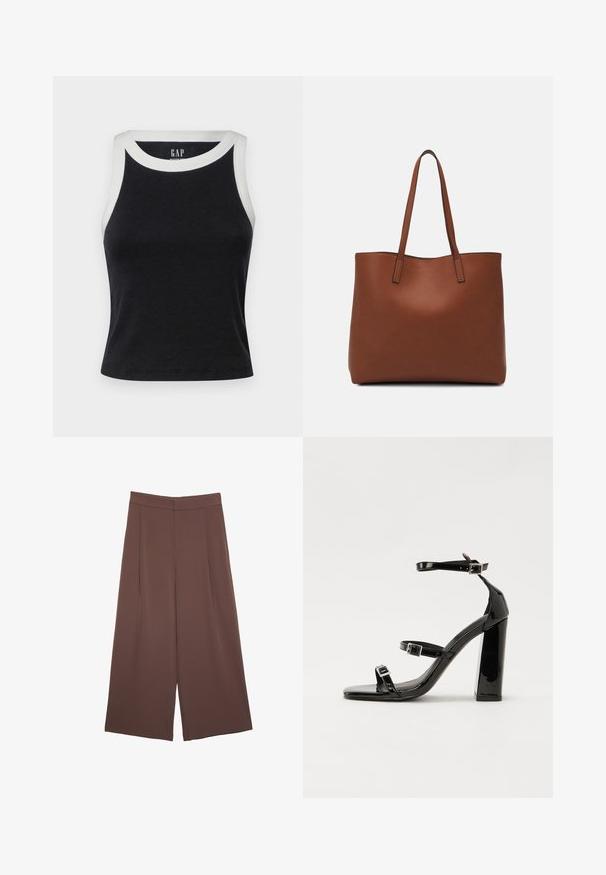 GAP MOD RIB HALTER CROP - Top - black/white; Braune Weite-Leg-Hosen mit einer glatten Textur, hoher Taille und Vorderfalten. Der Stoff ist leicht und fällt locker.; Schwarze patentierte Sandalen mit Absatz, quadratischer Spitze, Knöchelriemen und silbernen Schnallen. Mit einem stabilen Blockabsatz für mehr Stabilität.; Braune Leder-Tote mit glatter Textur, offenem Oberteil und zwei Schulterriemen. Verfügt über minimale Nähte und keine sichtbaren Beschläge.