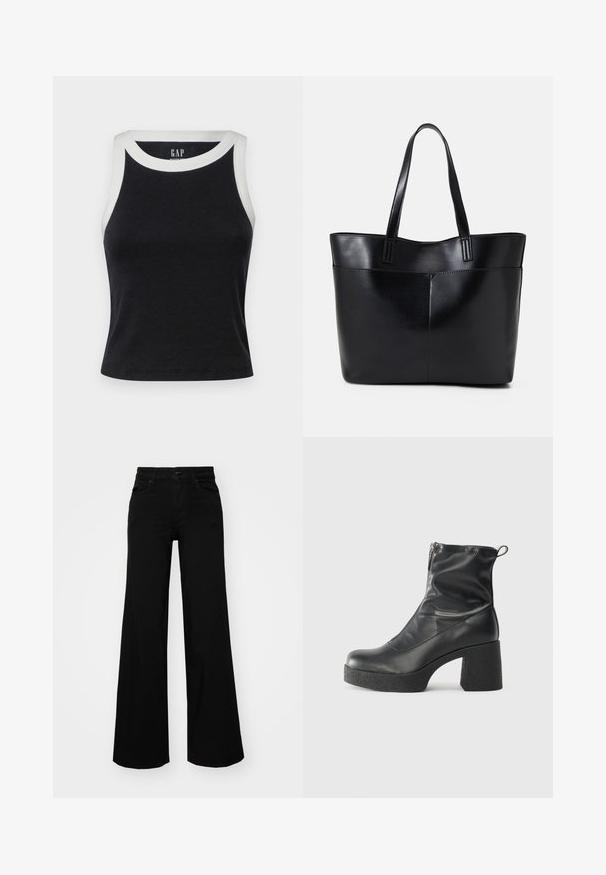 GAP MOD RIB HALTER CROP - Top - black/white; Čierne široké nohavice z denimu s pevným pásom, pútkami na opasok a prednými vreckami. Hladká štruktúra s klasickým dizajnom.; Čierne členkové topánky z hladkej kože, so bočným zipsom, robustnou textúrovanou pätnou časťou a zaobleným dizajnom špičky.; Čierna kožená tote taška s dvoma dlhými rúčkami, hladkým povrchom a štruktúrovaným tvarom. Obsahuje prednú kapsu pre dodatočné uskladnenie.