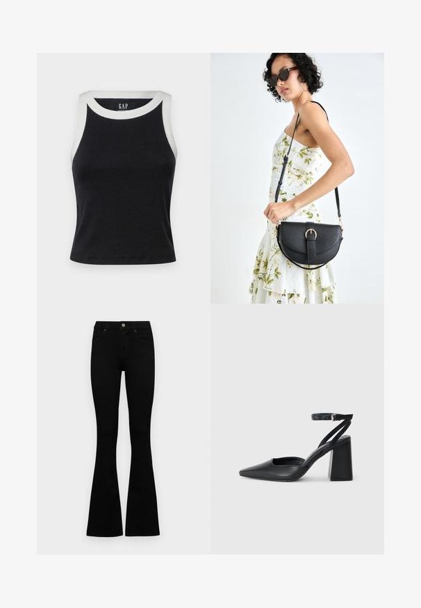 GAP MOD RIB HALTER CROP - Tops - black/white; Melni augsta jostas šorti ar pogu un rāvējslēdzēju, priekšējām kabatām un izplestām kājām, nolikti uz balta fona.; Melna ādas augstpapēžu kurpe ar norakstīto purngala formu, potītes siksniņu un masīlu papēdi. Gluda tekstūra, elegants dizains un minimālisma estētika.; Melnas ādas rokassoma ar izliekta formu, noņemamu siksnu un zelta aksesuāriem. Somai ir vāciņš ar sprādzes detaļu.