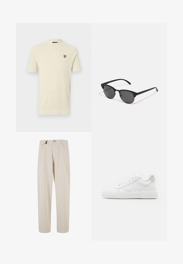 Lyhythihainen, vaalean kermanvärinen neulepusero, jossa on ribatty pyöreä pääntie ja keltainen brodeerattu logo vasemmassa rinnassa. Teksturoitu kangas.; Beiget välikangast püksid sirge jala lõikega, millel on esipocketid ja nööbiplokk. Sile tekstuur, minimaalse detailiga.; Valkoiset nahkakengät, joissa on sileä pinta, pyöreä kärki, litteät nauhat ja teksturoitu pohja. Harmaa mokkanahka korostaa kantapäätä.; Mustat aurinkolasit pyöreillä linsseillä, matalla pinnalla ja erottuvalla kissamaisella muodolla. Kapeat taitteet, joissa on huomaamaton brändäys vasemmassa temppeleissä.