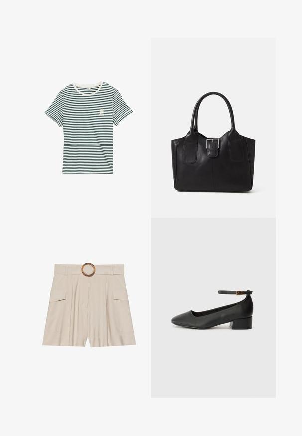 T-shirt z bawełny w granatowo-białe poziome paski, okrągły dekolt, krótki rękaw oraz mały graficzny detal na lewej piersi.; Beżowe szorty z wysokim stanem, z szerokim, płaskim paskiem, drewnianą okrągłą klamrą, plisowanym przodem i dwoma bocznymi kieszeniami. Gładka faktura materiału.; Czarne skórzane szpilki z ostrym noskiem i niskim słupkowym obcasem. Wyposażone w pasek na kostkę z złotym zapięciem. Gładka tekstura.; Czarna skórzana torba tote o gładkiej fakturze, usztywnionym kształcie, dwóch uchwytach oraz wyraźnym srebrnym zapięciu na przodzie.