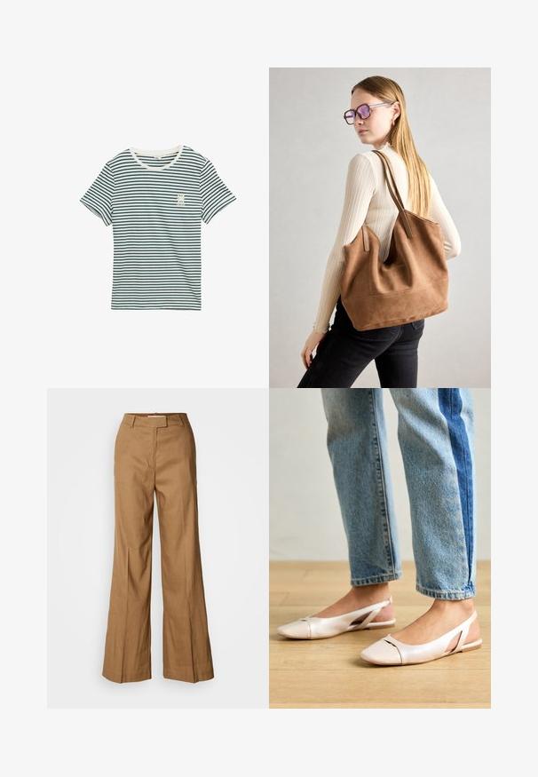 Baumwoll-T-Shirt mit marineblauen und weißen horizontalen Streifen, rundem Halsausschnitt, kurzen Ärmeln und kleinem grafischen Detail auf der linken Brust.; Braune weite Hosen aus leichtem Stoff. Verfügt über einen flachen Bund, Gürtelschlaufen und eine taillierte Silhouette mit einem knöchellangen Schnitt.; Blassrosa Slingback-Ballerinas mit spitzem Punkt, aus einem glatten, lederähnlichen Material. Mit Ausschnitten an den Seiten und einem flachen Absatz.; Braune Wildleder-Tasche mit weicher Textur, großer Öffnung und langen Trägern. Sie verfügt über ein simples Design mit sichtbarem Stich und ohne Beschläge.