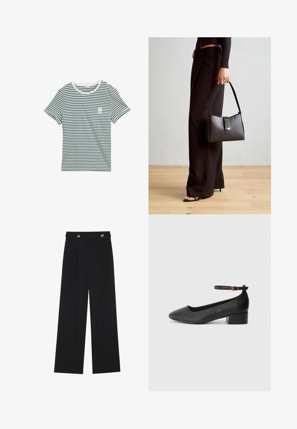 Bomulds T-shirt med navy og hvide vandrette striber, rund halsudskæring, korte ærmer og lille grafisk detalje på venstre bryst.; Sorte vide bukser med høj talje, knapdetaljer på taljebåndet og frontfald.; Sorte læderpumper med spids tå og en lav blokhæl. Har en ankelrem med en guldfarvet spænde. Glat tekstur.; Sort håndtaske med struktureret form, glat overflade og metalspænde. Sammen med brede sorte bukser og sandaler med åben tå på trægulv.