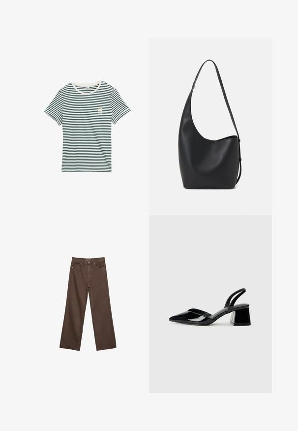 Katoenen t-shirt met marineblauwe en witte horizontale strepen, ronde halslijn, korte mouwen en een klein grafisch detail op de linkerborst.; Brede bruine spijkerbroek van denim, met een hoge taille, voorzakken en een klassieke knoopsluiting. Soepele textuur met subtiele stiksels.; Zwarte gepatineerde leren slingback hakken met een spitse neus en een geometrische blokhak. Kenmerkt zich door een slank, minimalistisch ontwerp en een gladde textuur.; Zwarte leren hobo tas met een gladde textuur, kromme vorm en een enkele verstelbare schouderband; heeft een brede opening aan de bovenkant.