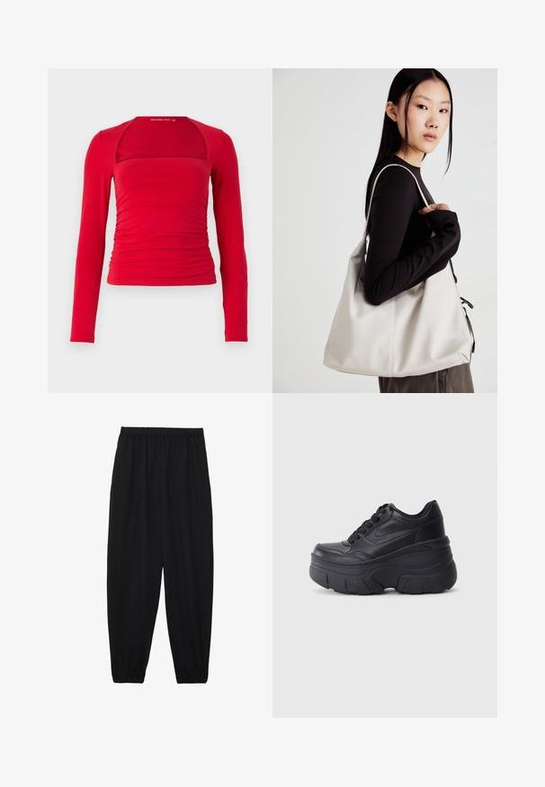 Haut rouge à manches longues avec un encolure carrée, des côtés froncés et une coupe ajustée. Fabriqué en tissu doux avec une texture lisse.; Pantalons noirs légers avec une taille élastique et des chevilles froncées. Le tissu est lisse et présente un design décontracté et fuselé.; Baskets noires à lacets avec une semelle épaisse, présentant un dessus en cuir lisse, un bout arrondi et un design de plateforme en couches distinct.; Sac à main beige en matériau souple, avec un design décontracté, des détails cousus et deux poignées. Idéal pour un usage quotidien.