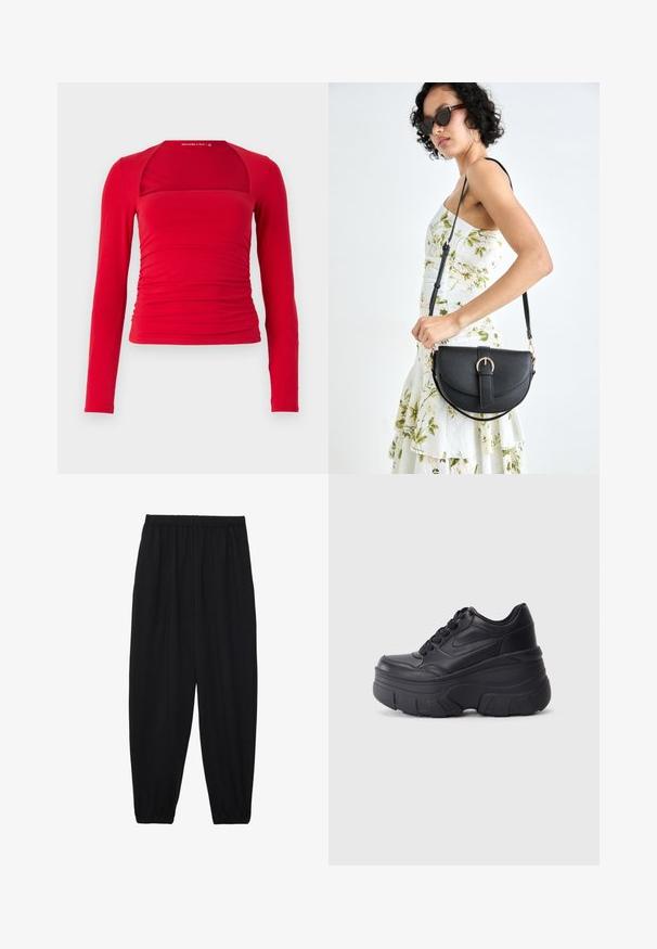 Červený top s dlouhým rukávem a čtvercovým výstřihem, s řasenými stranami a těsným střihem. Vyroben z měkkého materiálu s hladkou texturou.; Černé, lehké kalhoty s elastickým pasem a nařasenými kotníky. Tkanina je hladká a má uvolněný, zúžený design.; Černé šněrovací tenisky s robustní podrážkou, s hladkým koženým svrškem, zaoblenou špičkou a výrazným vrstveným designem platformy.; Černá kožená kabelka s křivkovým tvarem, odnímatelným popruhem a zlatými detaily. Kabelka má klopu s přezkou.