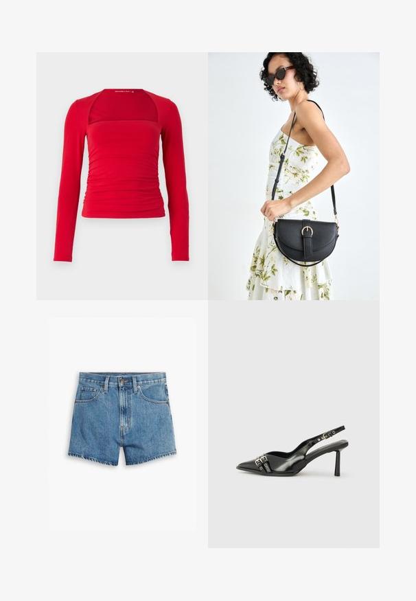 Red long-sleeve top with a square neckline, ruched sides, and a fitted design. Made of soft fabric with a smooth texture.; Denim shorts in light blue, featuring five pockets, a zip fly, and a button closure. The hem is frayed with a relaxed fit design.; Black patent leather slingback shoe with pointed toe, ankle straps featuring silver buckles and hardware, and a slender heel.; Black leather handbag with a curved shape, detachable strap, and gold hardware. The bag features a flap with a buckle detail.