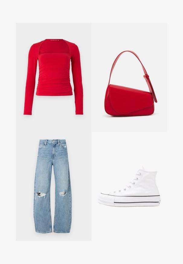 Raudona ilgomis rankovėmis palaidinė su kvadratiniais iškirpimu, raukšlėtais šonais ir prigludusia forma. Pagaminta iš minkštos medžiagos su lygiu paviršiumi.; Šviesiai mėlynos, aukštu juosmeniu džinsai pagaminti iš džinsinio audinio. Turi plačias kojų kelnes, dvi suplėšytas kelio vietas ir klasikinį penkių kišenių dizainą.; Balti aukštakulniai drobės sportbačiai su juodu guminio pado, priekinio guminio piršto dangteliu ir šešiais akytėmis raištams, pasižymintys švariu, minimalistiniu dizainu.; Raudona odinė rankinė su kampuota, geometrine forma. Pasižymi viena reguliuojama dirželiu ir dangteliu su siuvinėtais dekoracijomis.