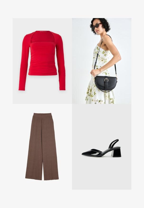 Red long-sleeve top with a square neckline, ruched sides, and a fitted design. Made of soft fabric with a smooth texture.; Wide-leg trousers made of a textured, ribbed fabric in a warm brown color. Features a seamless waistband and flowing silhouette.; Black patent leather slingback heels with a pointed toe and a geometric block heel. Features a sleek, minimal design and smooth texture.; Black leather handbag with a curved shape, detachable strap, and gold hardware. The bag features a flap with a buckle detail.