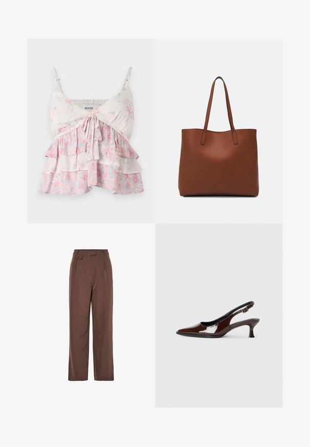 Rožnata camisole majica z nastavljivimi naramnicami, okrašena s plastmi volančki v belih, roza in zelenih odtenkih; lahkoten, mehak bombažen material.; Brahke tkanine široke hlače z visokim pasom, sprednjimi naborki in gumbom. Gladek material z natančnim krojem.; Rjavi lakirani slingback čevelj z ostro konico in zmerno peto. Ima zaponko za varno prileganje. Gladka tekstura.; Rjava usnjena torba z gladko teksturo, odprto zasnovo zgoraj in dvema naramnima trakovoma. Opremljena je z minimalnim šivanjem in brez vidnih kovinskih delov.