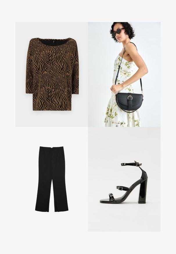 Sort top med zebraprint i guld, med en bred udskæring og trekvartærmer, lavet af et struktureret materiale.; Sorte bukser med lige pasform, der har frontlommer og slidser i kanten. Lavet af blødt, glat stof. Velegnet til forskellige anledninger.; Sorte patenterede hælsandaler med firkantet tå, ankelremme og sølvspænder. Har en chunky blokHæl for stabilitet.; Sort læderhåndtaske med en buet form, aftagelig rem og guldfinish. Tasken har en klap med en spænde detalje.