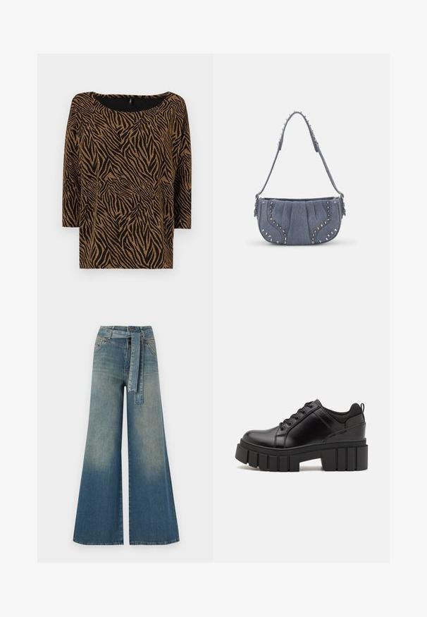 Juodas viršus su zebrų raštu auksinės spalvos, su plačiu iškirpimu ir trijų ketvirčių rankovėmis, pagamintas iš tekstūruotos medžiagos.; Platus džinsinis kelnes su šviesiai tamsiai mėlynu gradientu, aukštu juosmeniu, diržo kilpomis ir atitinkančiu audinio diržu. Textūruotas džinsinis paviršius.; Juodi odiniai platformos batai su masyviu blokuota kulniuku, apvalia nosimi ir tradiciniu šnypštimo dizainu. Turintys glotnų paviršių ir minimalų dekoravimą.; Denimo peties krepšys su raukšlėtu dizainu, mėlynos spalvos, sidabro spalvos studų akcentai palei kraštus ir tekstūruota petneša.