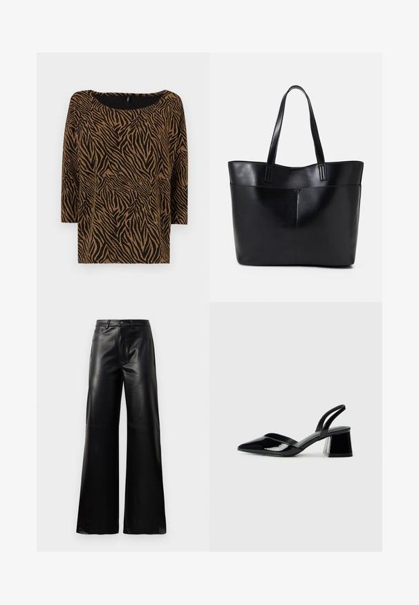 Zwarte top met een zebra-print in goud, voorzien van een brede halslijn en driekwart mouwen, gemaakt van een gestructureerd materiaal.; Zwarte high-waisted wide-leg neplederen broek met een voorste knoop, ritssluiting, riemlussen en zijzakken op een witte achtergrond.; Zwarte gepatineerde leren slingback hakken met een spitse neus en een geometrische blokhak. Kenmerkt zich door een slank, minimalistisch ontwerp en een gladde textuur.; Zwarte leren tote bag met twee lange handvatten, een zachte textuur en een gestructureerde vorm. Voorzien van een voorvak voor extra opslagruimte.