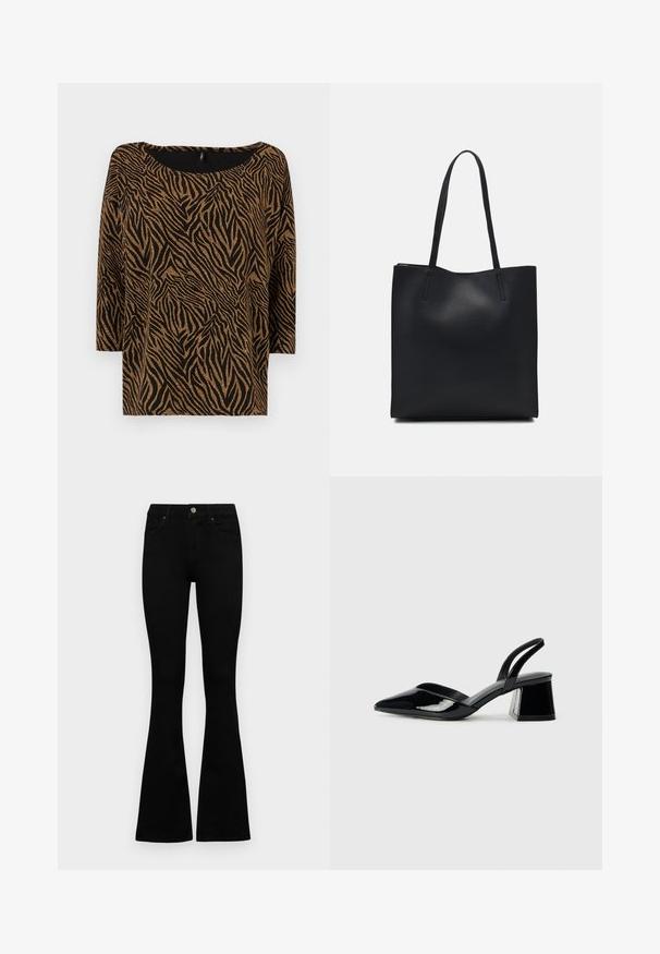 Must värviga T-särk, millel on kuldne sebramuster, avara kaeluse ja kolmeveerandilise varrukaga, valmistatud tekstuurilisest materjalist.; Mustad kõrge vöökohtadega teksad, millel on nööp ja lukuga sulgemine, esikäe taskud ja laienevad sääred, asetatud tasasele valgele taustale.; Mustad musta lakknahk kingad, millel on terav varvas ja geomeetriline plokkkonts. Omab elegantselt minimalistlikku disaini ja sujuvat tekstuuri.; Mustast nahast kott sujuva tekstuuriga, ristkülikukujuline ja kahe pika sangaga. Pole nähtavat riistvara ega kaunistusi.