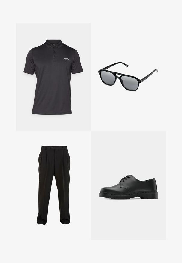 Callaway TOURNAMENT - Poloshirts - caviar; Sorte bukser med et glat stof, der har frontfolder, en knap i taljen og tapered ankler. Klassisk skræddersyet silhuet.; Sorte læder oxford-sko med snørebåndsdesign, rund tå, flad gummisål og subtil syning langs overdelen.; Sorte solbriller med rektangulære rammer, gråt tonede linser og en broudskæring design. Slankt, glat plastmateriale med smalle stænger.