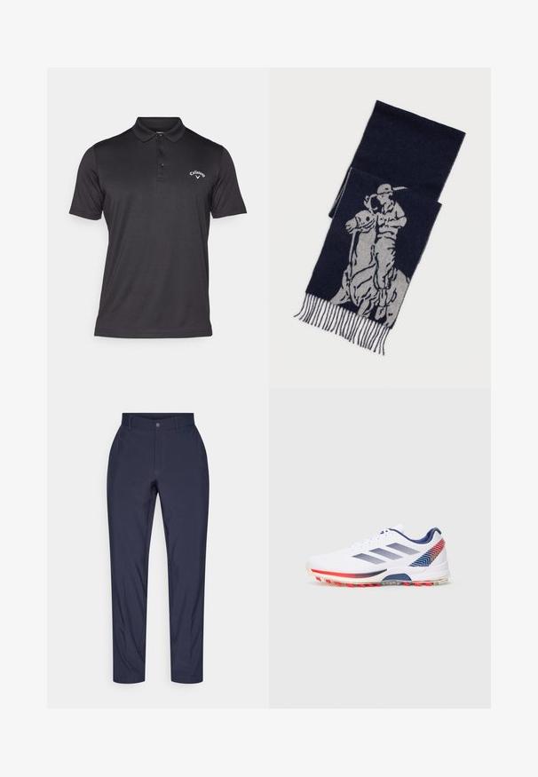 Callaway TOURNAMENT - Poloskjorter - caviar; Mørkeblå chinos laget av lett stoff, med knappedesign foran, beltehemper og minimalistisk utforming med subtile sømdetaljer.; Hvite sportssko med marineblå striper, røde og marineblå geometriske hæl aksenter, og røde dobber på sålen, vist fra den ytre siden.; Mørkeblå sjal med grå grafikk av en polo-spiller på hesteryggen, med frynsete kanter.