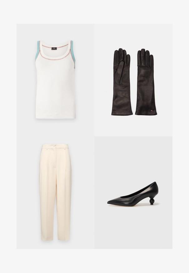 PS Paul Smith VEST - Top - white; Beige tailored trousers with a straight fit, featuring pleats at the front, a smooth texture, and a mid-rise waist. No visible pockets.; Black leather high heel shoe with a pointed toe and a round, balled heel. Smooth texture with a sleek, minimal design.; Weekend Max Mara SENAPE - Gloves - nero