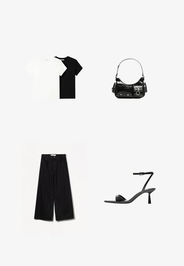 Zwei kurzärmelige T-Shirts, eines weiß und eines schwarz, aus Baumwolle. Beide haben einen runden Halsausschnitt und ein einfaches, klassisches Design.; Bershka WIDE-LEG - Wide Leg - black; Bershka High Heel Sandalette - black; Schwarze Lackleder-Handtasche mit geschwungenem Design, einem Schulterriemen, Vordertaschen und silberfarbenen Hardware-Akzenten.