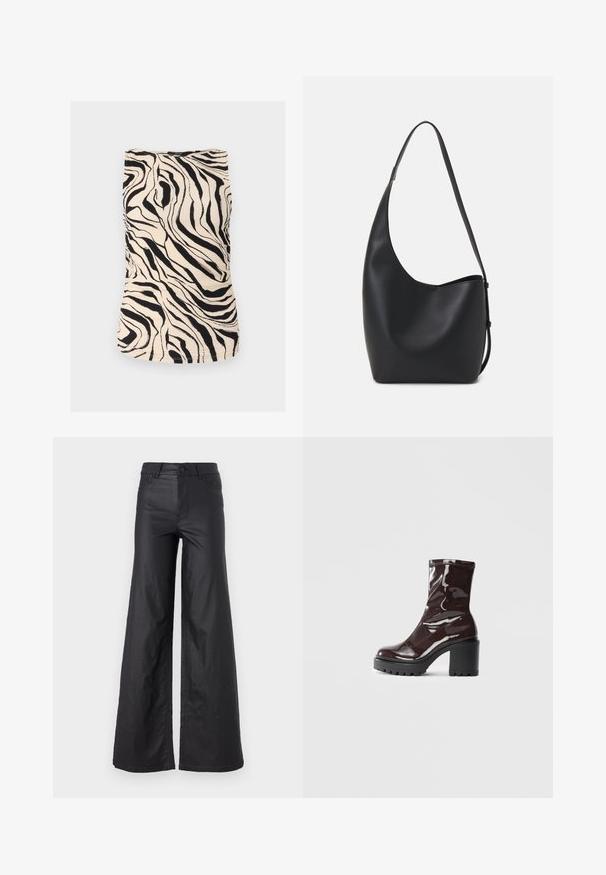 Melns un krēmkrāsas zebras raksta bez piedurknēm topiņš ar struktūrētu audumu, pieguļošu dizainu un apaļu dekoltē. Iekļauj horizontālu ručingu pa sāniem.; Melni, plata kāju bikses no mākslīgās ādas. Iespējas ietver augstu jostasvietu, jostu cilpas, divas priekšu kabatas un izšuvumu detaļas.; Spīdīgas bordo potīšu botītes ar masīlu melnu papēdi, kurām ir gluda tekstūra un vienkāršs dizains. Nav redzamu aizdari vai rakstu.; Melnas ādas hobo soma ar gludu tekstūru, izliekta forma un vienu regulējamu jostu; augšā ir plaša atvere.