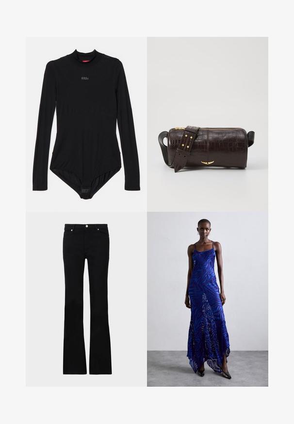 Bodysuit negro de manga larga hecho de tela elástica, con un cuello alto, sutil branding en el pecho y cierres a presión en la parte inferior.; Pantalones vaqueros de talle ancho en negro, confeccionados en denim, con dos bolsillos frontales, cierre de botón y una textura suave. Costuras distintivas visibles en las costuras.; Vestido maxi de estampado animal en azul y morado con tirantes finos, un cuerpo ajustado, dobladillo acampanado y detalles de superposición transparente.; Bolso de cuero marrón con estampado de cocodrilo, de forma cilíndrica, con herrajes en tono dorado y una correa desmontable con tachuelas.