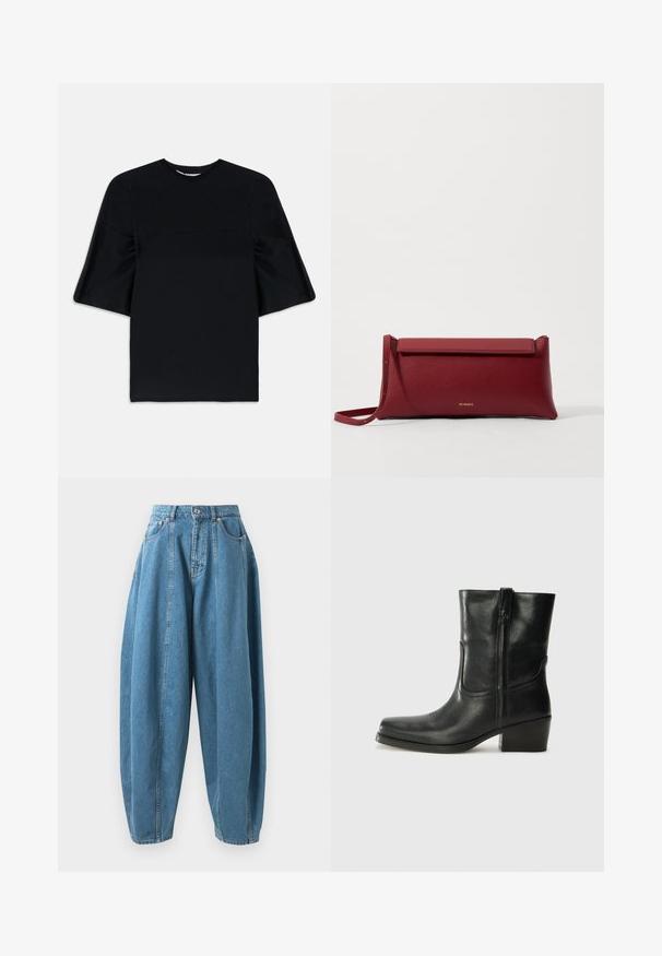 Top nero a maniche corte con maniche ampie e svasate e scollatura rotonda, esposto su uno sfondo bianco.; Vestito bianco asimmetrico con molteplici ruffles stratificati che scendono sul davanti e si allungano di più su un lato, senza motivi visibili.; Jeans in denim blu a vita alta, dalla vestibilità ampia, con pences, tasche frontali, passanti per cintura e chiusura con bottone e zip.; Stivale ankle in pelle nera con punta arrotondata, tacco a blocco, cerniera laterale e dettagli in cucitura sulla tomaia. Texture liscia, design classico.; Borsa a pochette rossa in pelle con finitura texturizzata, dotata di un sopra pieghevole piatto e di una tracolla corta. Logo del marchio discreto sulla parte anteriore.