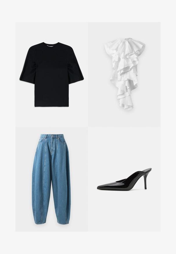 Zwart kort mouwtop met brede, uitlopende mouwen en een ronde halslijn, weergegeven op een witte achtergrond.; Witte asymmetrische jurk met meerdere gelaagde ruffles die naar beneden langs de voorkant vallen en aan de ene kant langer zijn, zonder zichtbare patronen.; Hoge taille, losvallende blauwe spijkerbroek met plooien, voorzakken, riemlussen en een knoop- en ritsluiting.; Zwarte gepatineerde leren hoge hak muiltjes met een spitse neus en een slanke silhouet, met een open achterkant en een slanke stilettohak.