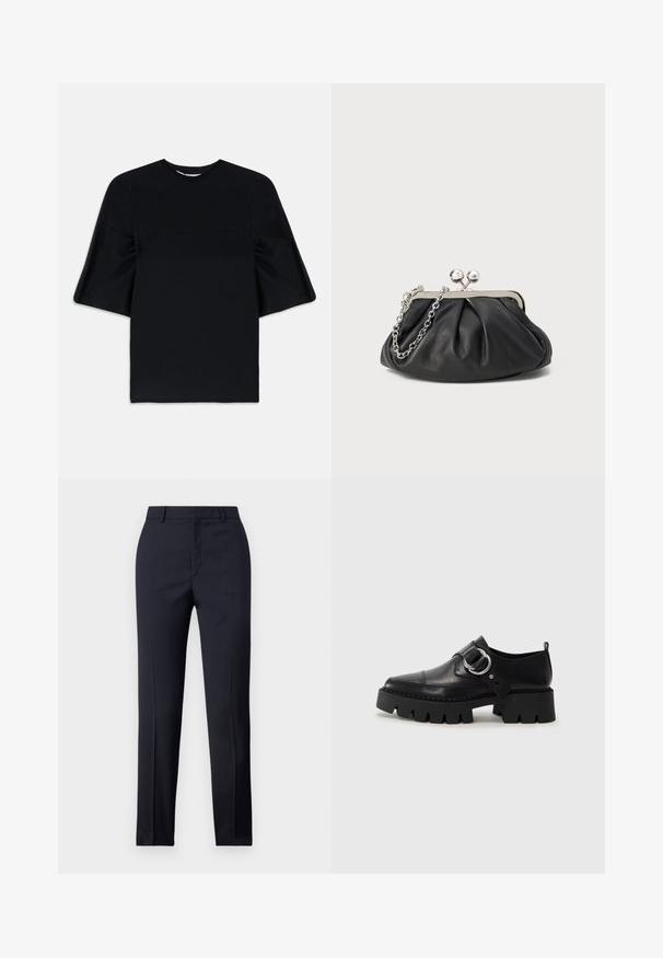 Fekete, rövid ujjú blúz széles, lengő ujjakkal és kerek nyakkivágással, fehér háttéren bemutatva.; Tengerészkék, egyenes szabású, szabott nadrág sima textúrával, két elülső zsebbel és letisztult derékkal.; Fekete bőr cipők tömzsi, bordázott talppal, kerek ezüst hardware díszítéssel és minimális varrási részletekkel.; Fekete bőr táska ráncolt textúrával, ezüst színű fémszerkezettel, csattal záródó fedéllel és láncos pánttal. Simító, puha felület.