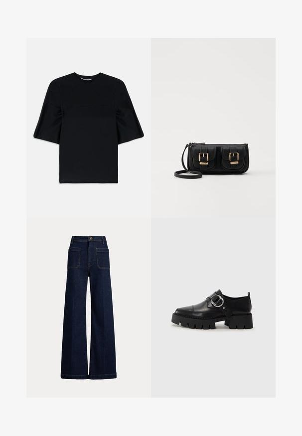 Črna majica s kratkimi rokavi, širokimi, zvonastimi rokavi in okroglim izrezom, prikazana na belem ozadju.; Široke temno modre jeans hlače z visoko pasu, pet žepov in kontrastnim šivanjem. Imajo gumb za zapiranje in strukturno obliko.; Črne usnjene čevlje z debelim, rebrastim podplatom, ki imajo okroglo srebrno kovinsko dodatno opremo in minimalne šive.; Črna usnjena torbica čez ramo z dvema sprednjima žepoma, zlatimi zaponkami, zadrgo in ozkim pasom. Tekstura površine je strukturirana, obliko pa ima kompaktno pravokotno.