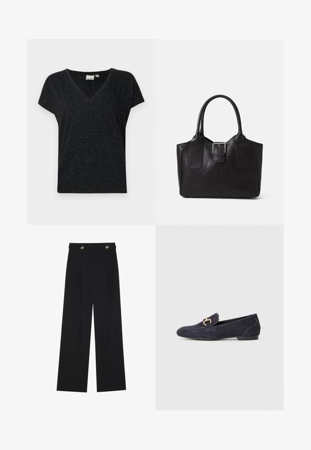 Camiseta preta de decote em V com mangas curtas, apresentando um tecido texturizado e um ajuste casual. Etiqueta visível no interior da gola.; Calças largas pretas com cintura alta, detalhes em botão na cintura e pregas frontais.; Mocassim em camurça azul-marinho com bico arredondado, apresentando um detalhe decorativo de corrente metálica e um tacão baixo com costuras contrastantes.; Bolsa tote de couro preta com textura suave, forma estruturada, duas alças e um destaque prateado proeminente na parte da frente.