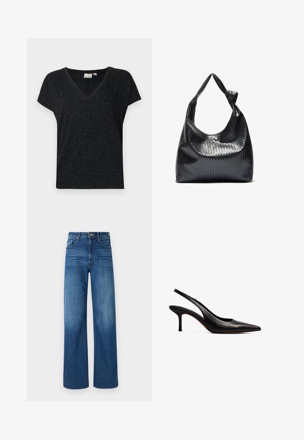 Melna v-veida t-kreklu ar īsām piedurknēm, kuram ir teksturēta auduma virsma un ikdienišķa piegriezne. Etiķete redzama iekšpusē apkaklē.; Mother THE LASSO SNEAK - Brīva piegriezuma džinsi - dark blue denim; NA-KD Klasiski papēži - black; Melnas austo ādas rokassoma ar vaļīgu dizainu, kurai ir mezglots siksna un neliels dekoratīvs zelta uzstuds augšdaļā.
