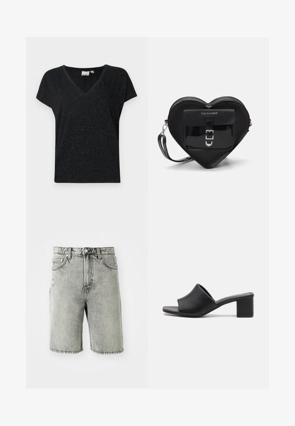 Black v-neck t-shirt with short sleeves, featuring a textured fabric and a casual fit. Tag visible inside the neckline.; Gray denim shorts featuring a classic five-pocket design, a faded finish, and stitched detailing at the hem and waistband.; Black leather block-heeled mules with an open toe, featuring a smooth surface and slightly curved upper for comfort and style.; Black heart-shaped bag made of patent leather with a front pocket featuring a buckle closure and a detachable strap. Silver hardware accents.