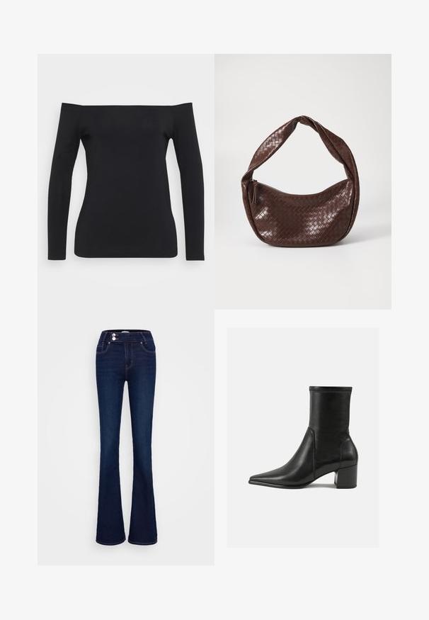 Schwarzes Langarmoberteil mit schulterfreiem Design, aus einem glatten, dehnbaren Stoff gefertigt, mit taillierter Silhouette und ohne sichtbare Muster.; Dunkelblaue Schlagjeans mit hoher Taille, zwei Fronttaschen und zwei Knopfverschlüssen. Hergestellt aus Denim mit glatter Textur.; Schwarze Knöchelstiefel aus glattem Leder, mit spitzem Zehenbereich, einem Blockabsatz und markanten, raised stitching am oberen Rand.; Braune geflochtene Lederhandtasche mit einem geschwungenen, geknoteten Griff und einem Reißverschluss. Glatte Textur und runde Form.